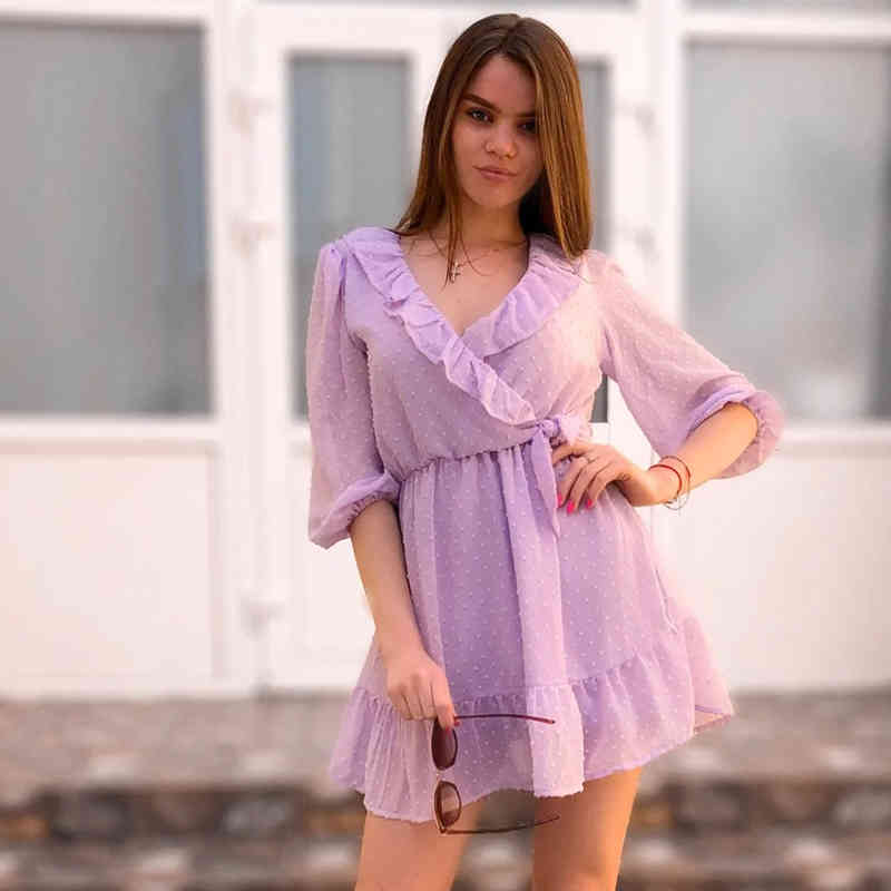 Foridol polka dot solid purple white dress v neck sheer sleeve dress autumn office lady casual mini dress ruffle vestidos 210415