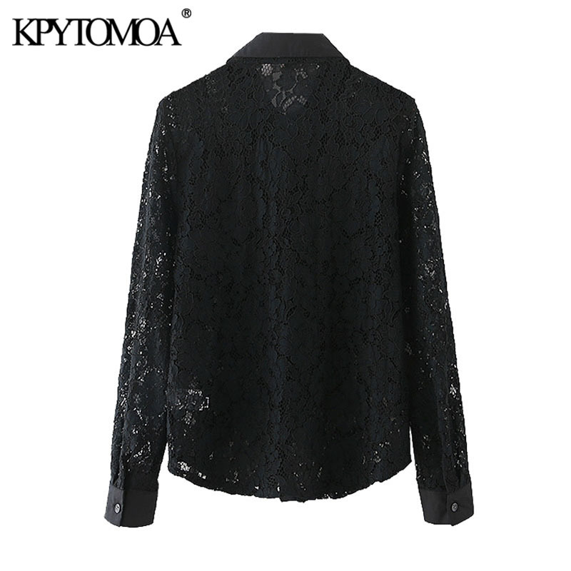 Women Fashion With Bow Tied Semi-Sheer Lace Blouse Long Sleeve Button-up Female Shirts Blusas Chic Tops 210420