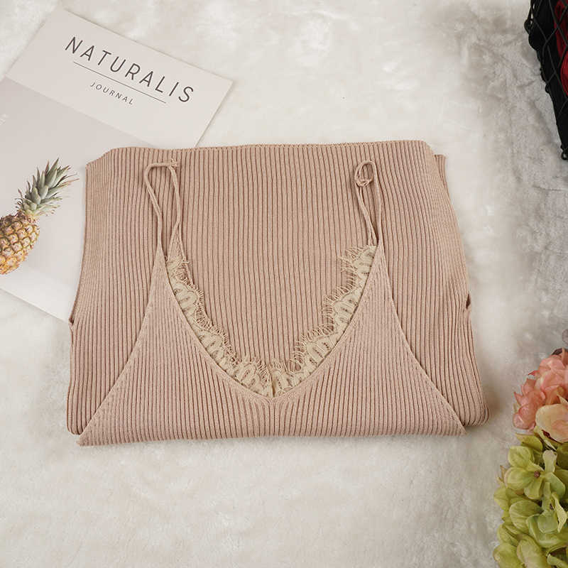 Women Spaghetti Strap Dresses Split V-Neck Lace Patchwork Knitted Ladies Sleeveless Bodycon Tank Vestidos P022 210623