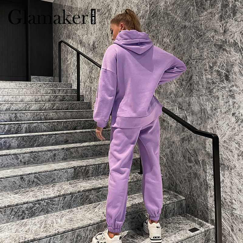 Glamaker Casual Purple loose fleece tracksuits pants suit women Oversize sweatshirt hoodies Elastic High Waist harem pant winter 211007