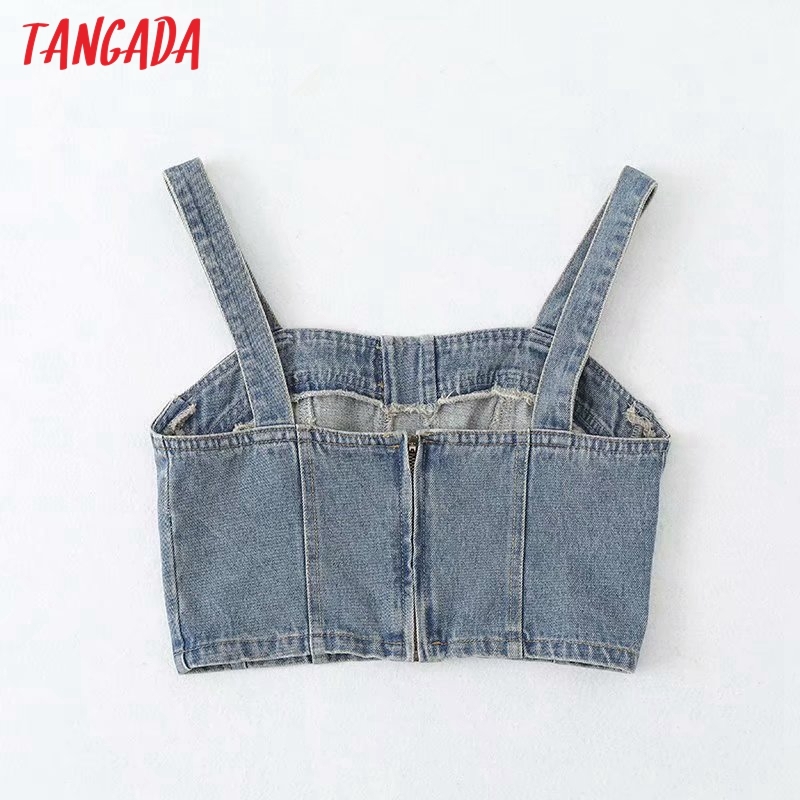 Women Denim Camis Crop Top Spaghetti Strap Sleeveless Back Zipper Female Casual Tops 5B11 210416