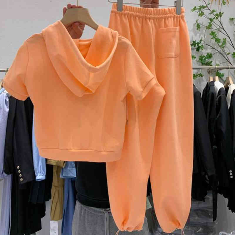 Nomikuma Women Two Pieces Outfits Short Hooded Sweatshirt Tops + Lace Up Waist Harem Pants Korean Causal Solid Pant Sets 6H132 210427