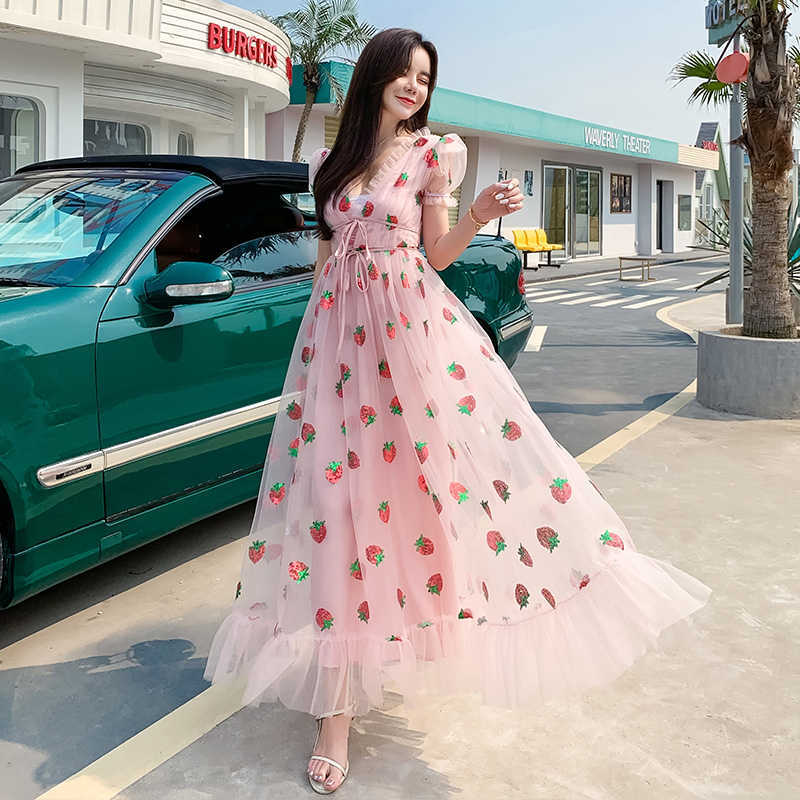 Sweet Strawberry Sequined Embroidery Cascading Ruffle Maxi Dress Women Summer V-Neck Puff Sleeve Bow Pink Tulle Mesh Long Dress 210630