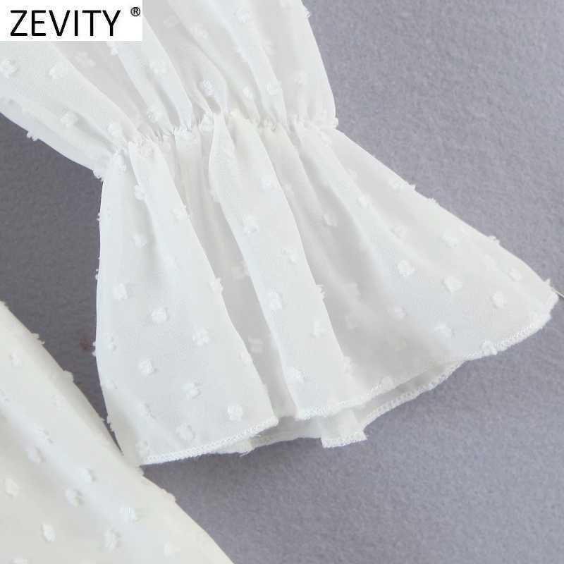 Zevity Women Sexy V Neck Knotted Dots Stitching Chiffon Dress Female Chic Puff Sleeve Elastic Waist Slim Ruffles Vestidos DS8347 210603