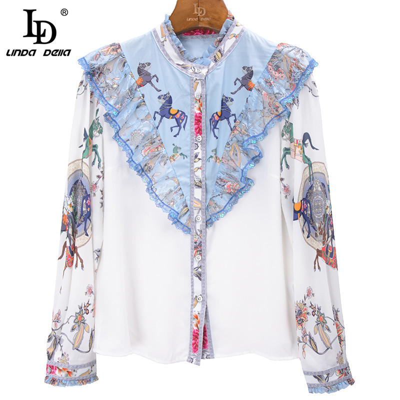 Autumn Fashion Runway Skirt Suit Women Ruffle Long sleeve Print Shirt and Slim Mini 2 Two Piece Sets 210522