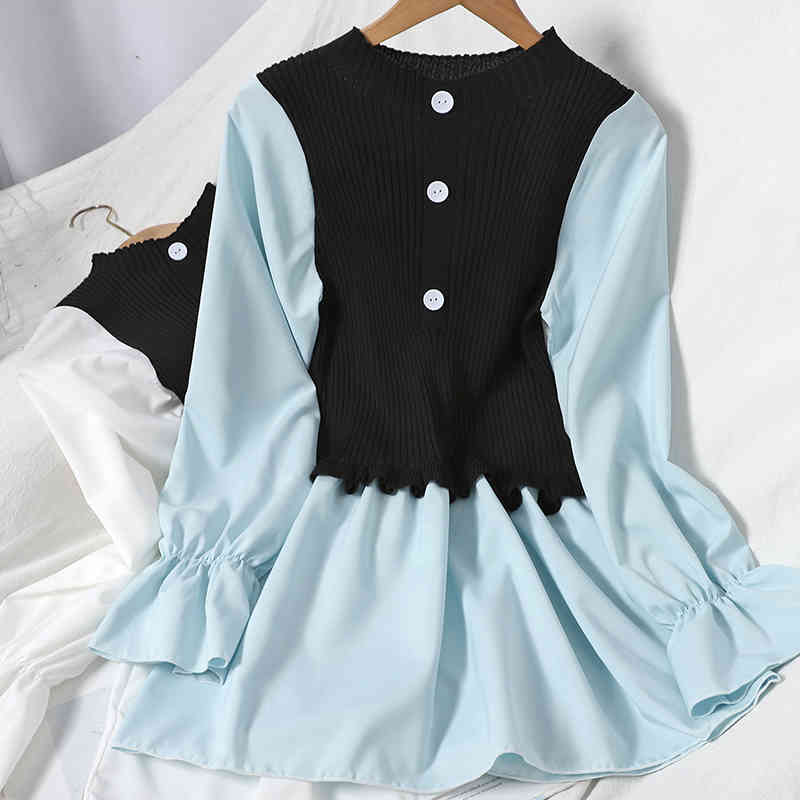 Nomikuma Knitted Patchwork Pullover Women Blouse Korean Buttons Long Sleeve O-neck Shirt Spring New Blusas Feminimos 6D989 210427