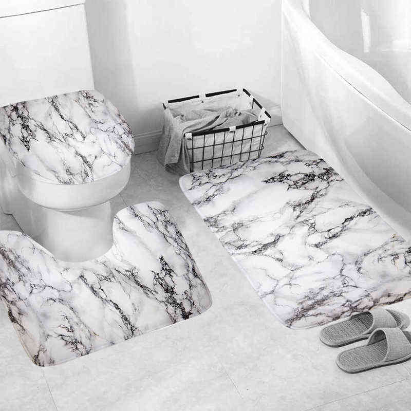 Marble Printing Bathroom Curtain Shower with Hook Waterproof Curtains Set Non-slip Rugs Toilet Lid Cover Bath Mat Home Decor 211130