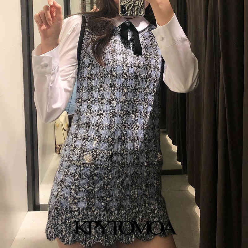 Women Sweet Fashion Bejewelled Buttons Plaid Knitted Mini Dress O Neck Sleeveless Female Dresses Mujer 210420