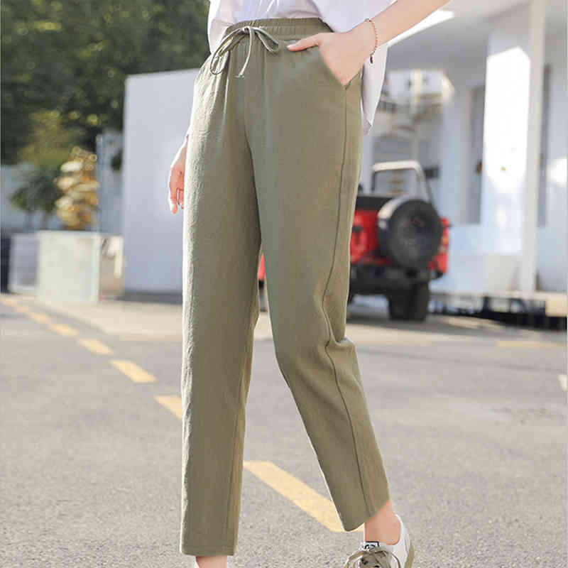 Spring Summer Thin Cotton Linen Trousers Pencil Pants Women Casual Elastic High Waist Pants Female Pantalon Femme 10067 210518