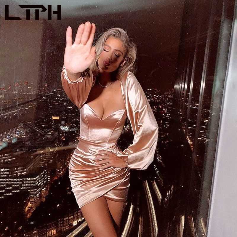 LTPH vintage elastic satin dress women elegant sexy square collar lantern sleeves Package Hip party dresses autumn 210630