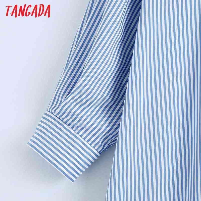 Women Blue Striped Shirts Long Sleeve Turn Down Collar Elegant Female Casual Wear Blouses 6Z71 210416