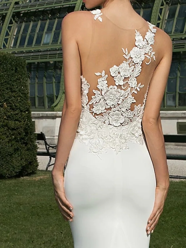 2022 Bridal Gown Mermaid Wedding Dresses Jewel Neck Court Train Satin Sexy Illusion Appliques Plus Size Vestido De Noiva Robe De Mariage