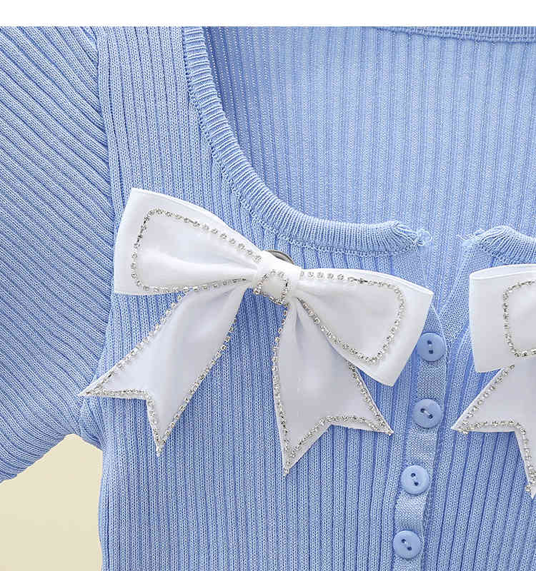 Women's Sweet Cute Bowknot Short Sleeve Slim Cardigan Sweater Korean Style Knitted Thin Fashion Chic Top Female 210519
