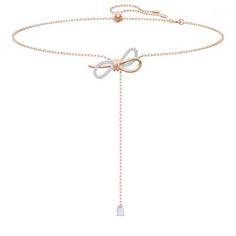 2009 New Style Bow Necklace female double-color rose gold short clavicle chain adjustable length droplet Pendant1