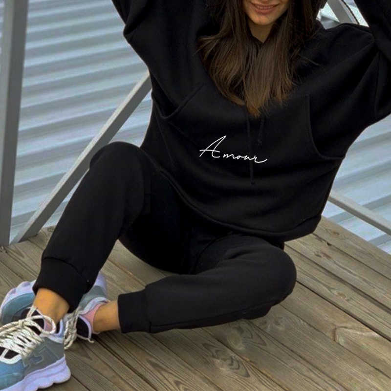Letter Print Fashion Oversized Hoodie Set Women Thick Fleece Sport Suit Hooded Sweatshirt Autumn Winter Women's Two Piece Set 210709