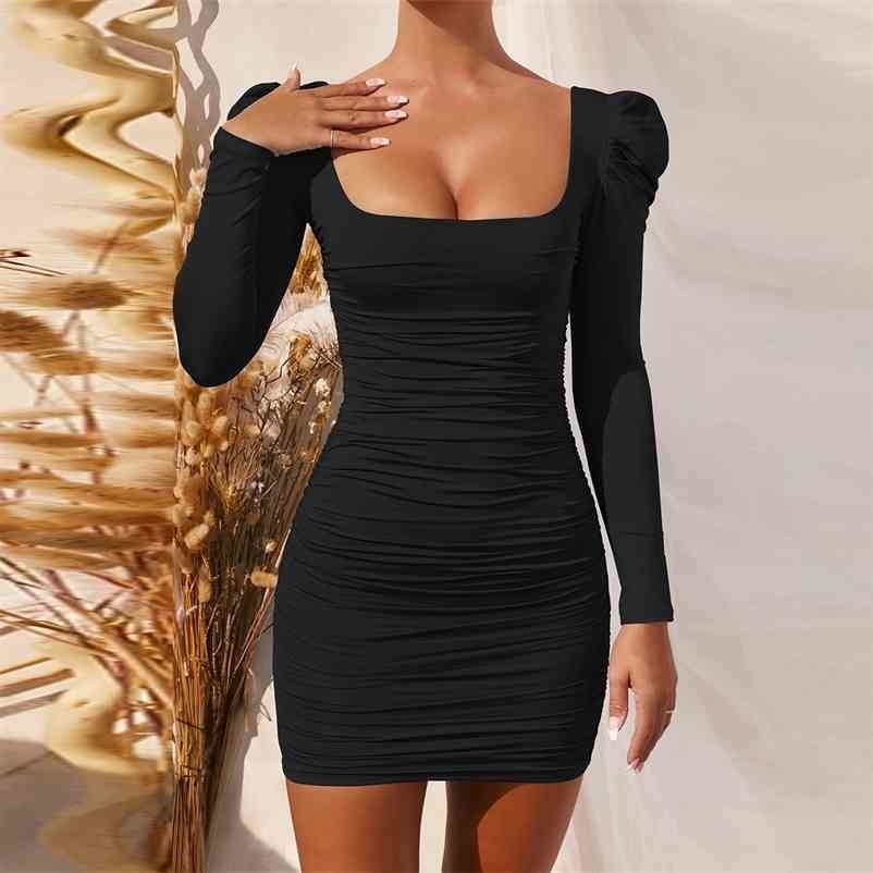 Women Long Sleeve Sexy Bodycon Mini Dress Autumn Winter Basic Square Collar Ruched Slim Black Party Club Short Dress Vestidos 210409