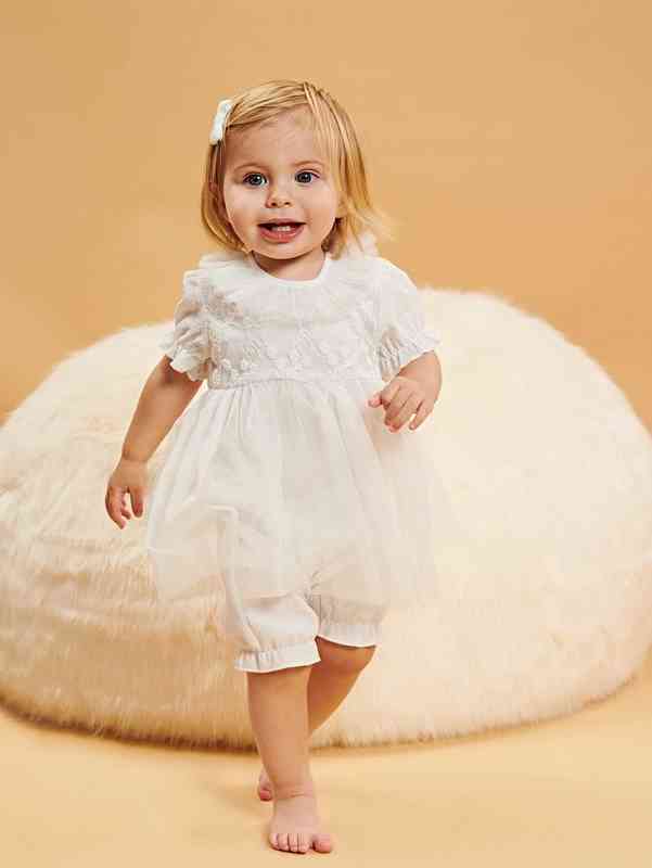 Baby Floral Embroidered Puff Sleeve Ruffle Trim Contrast Mesh Romper SHE