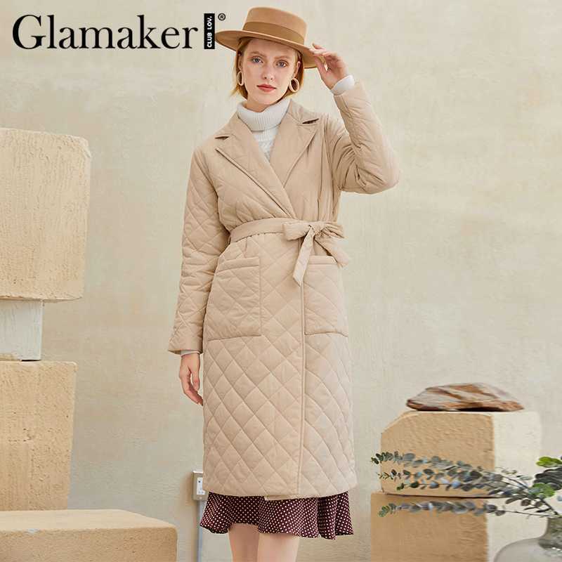 Glamaker Casual rhombus printed women winter parka Long deep pockets straight coat Female tailored collar outerwear 211011