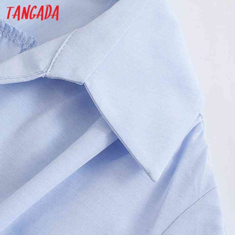 Fashion Women Blue Shirt Long Sleeve Strethy Waist Office Ladies Mini Dress JE25 210416