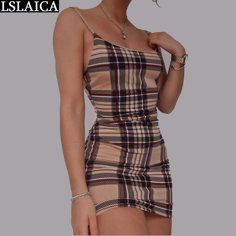 Women dresses summer sleeveless plaid print spaghetti srtap sexy dress mini elegant female fashion holiday women 210515
