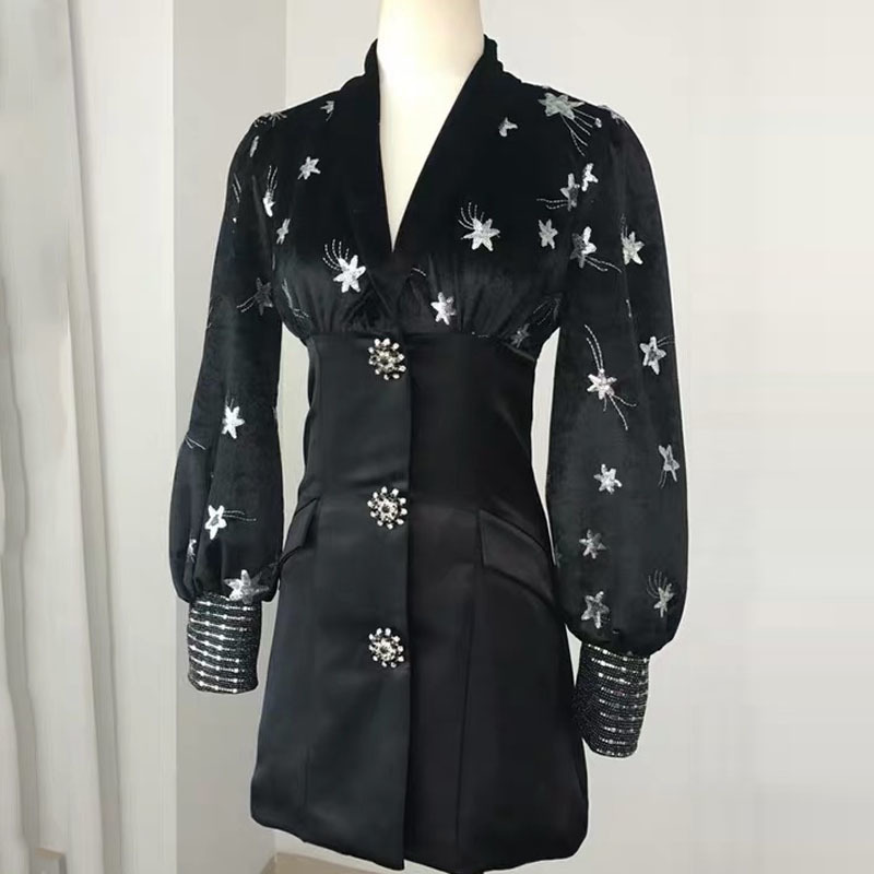 Autunm Winter Fashion Embroidery Pactwork Single Breasted Lantern Sleeve Mini Dress Notched Casual Blazers 210421