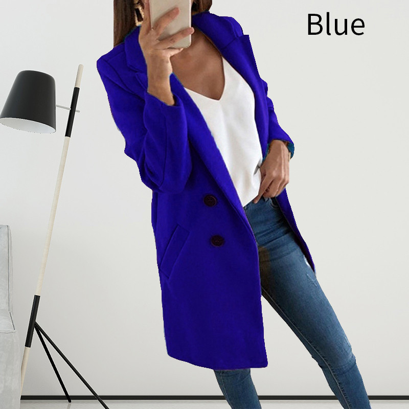 Design Women Solid Woollen Coat Autumn Winter Fashion Long Sleeve Lapel Neck Pockets Jackets Female Plus Size Long Slim Button O