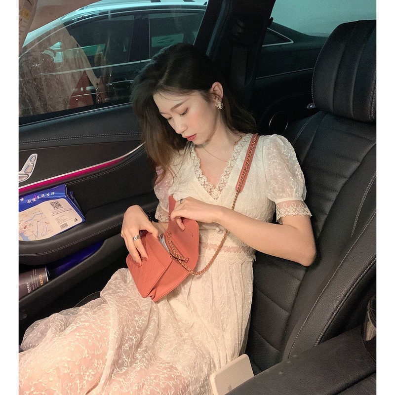 Summer French Elegant Midi Dress Women V-neck Short Sleeve Evening Party Dress Female Fairy Beach Dress Korean 210521