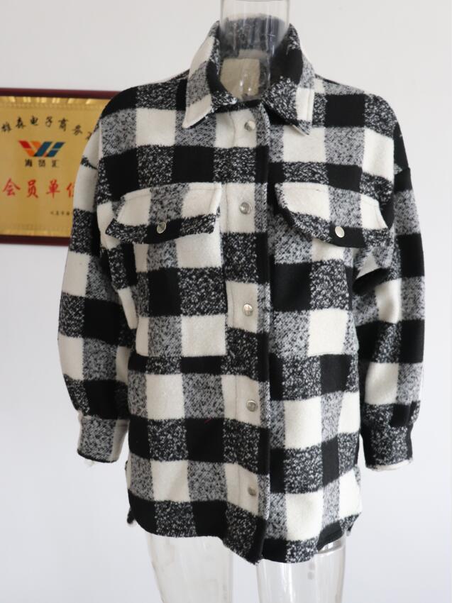 Vintage Woolen Plaid jacket women winter coat Long Sleeve oversize shirts casual work office Chic outwear 210521