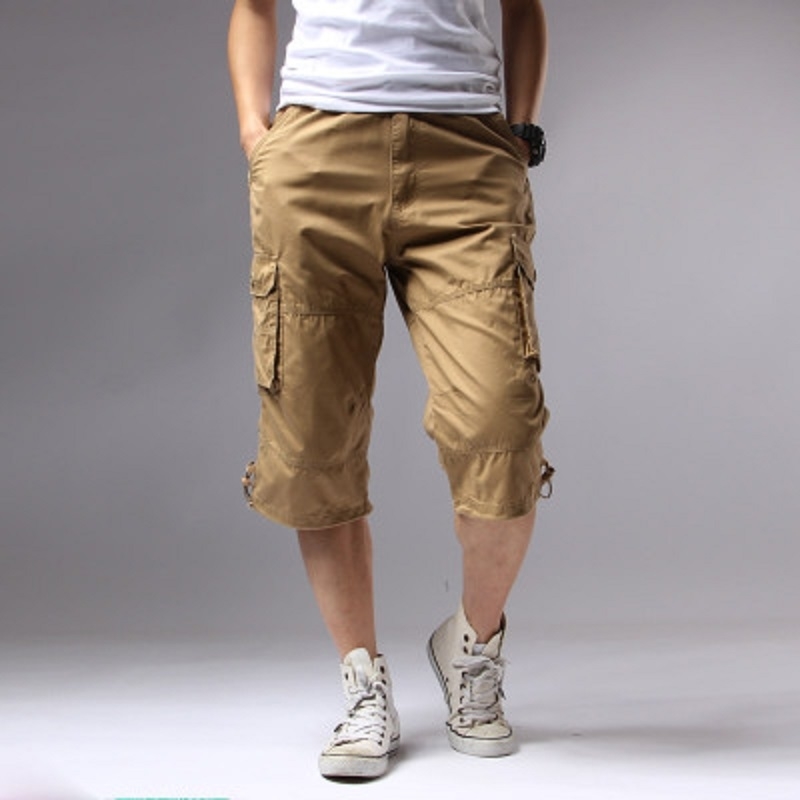Long Length Cargo Shorts Men Knee Pocket Casual Cotton Elastic Waist Bermudas Male Military Style Summer Breeche Army 210518