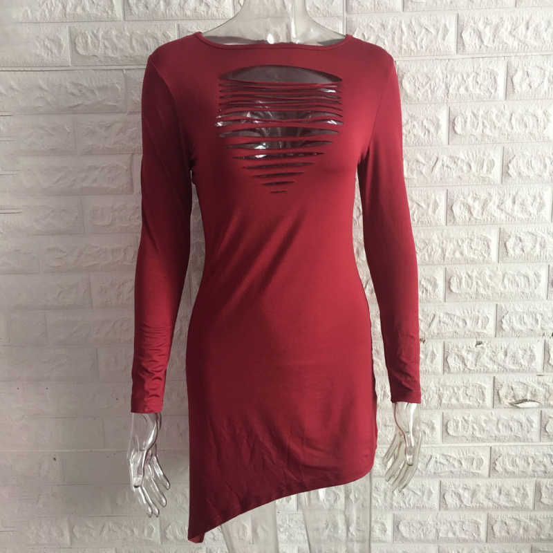 Sexy Women's Bodycon O Neck Long Sleeve Hallow Out Party Evening Mini Short Irregular Pencil Dress Vestidos Dresses For Women 210630