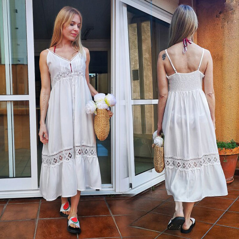 Cotton Patchwork Lace Beach Dress Long Cover up Vestido Bathing suit ups Sarong Robe de Plage Tunic #Q1037 210420