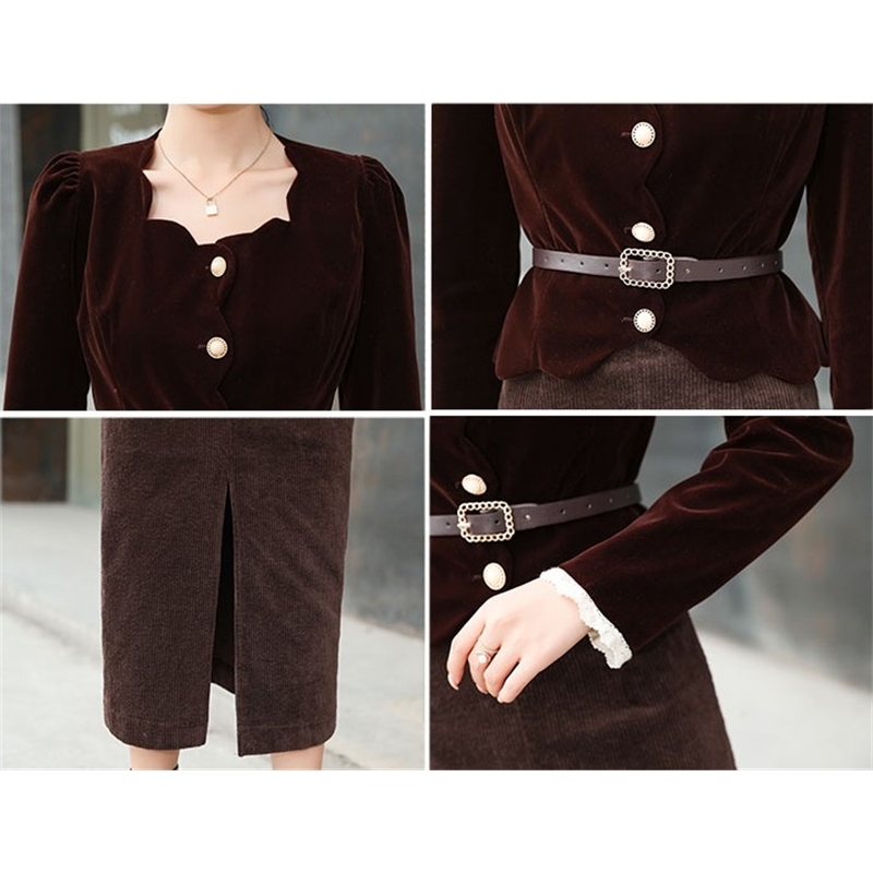Korean Spring Vintage Office OL Velvet Fashion 2 Piece Sets Women Elegant Square Collar Slim Shirt + Bodycon Pencil Skirts Suit 210519