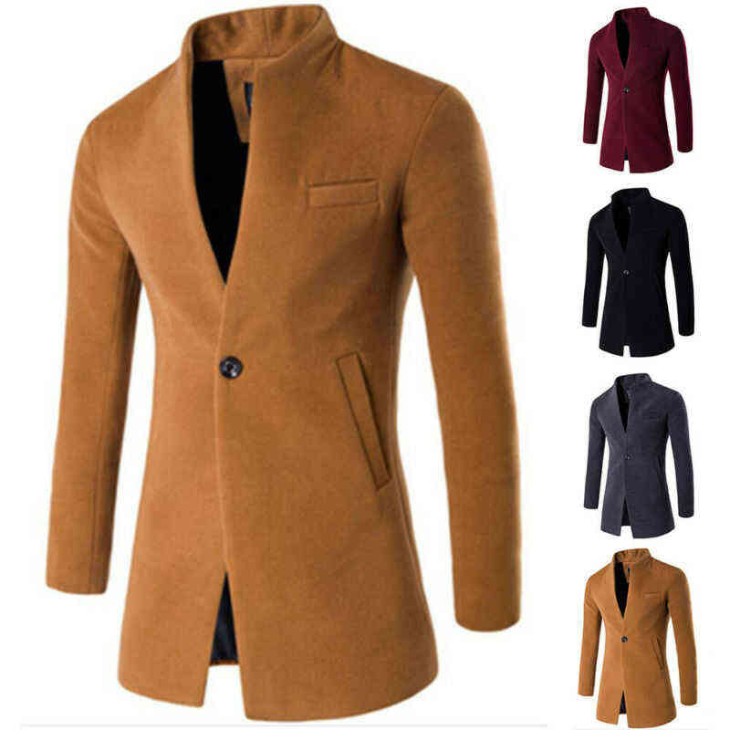 Mens Long Sleeve Tops Coat Outwear Casual Winter Warm Button-Front Stand-Collar Solid Color Single Breasted Fashion Clothes 211119