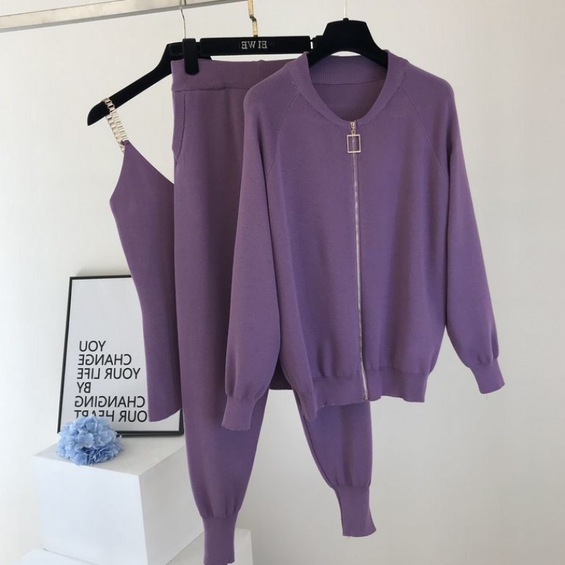 Autumn 3 Piece Suit Knitting Long Sleeve Zip Jacket Cardigans Tank Top Pants Women Fashion Solid Lounge Set Casual Tracksuit 210519