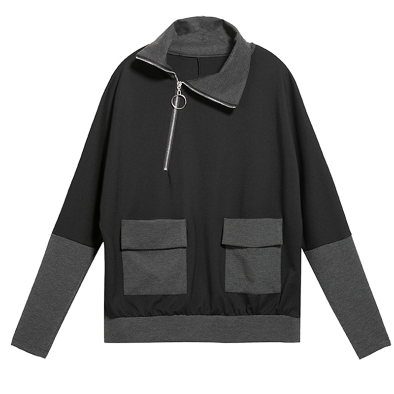 EAM Women Zipper Irregular Split Joint Pocket Big Size Tshirt Lapel Long Sleeve Fashion Spring Summer 1Y769 210406