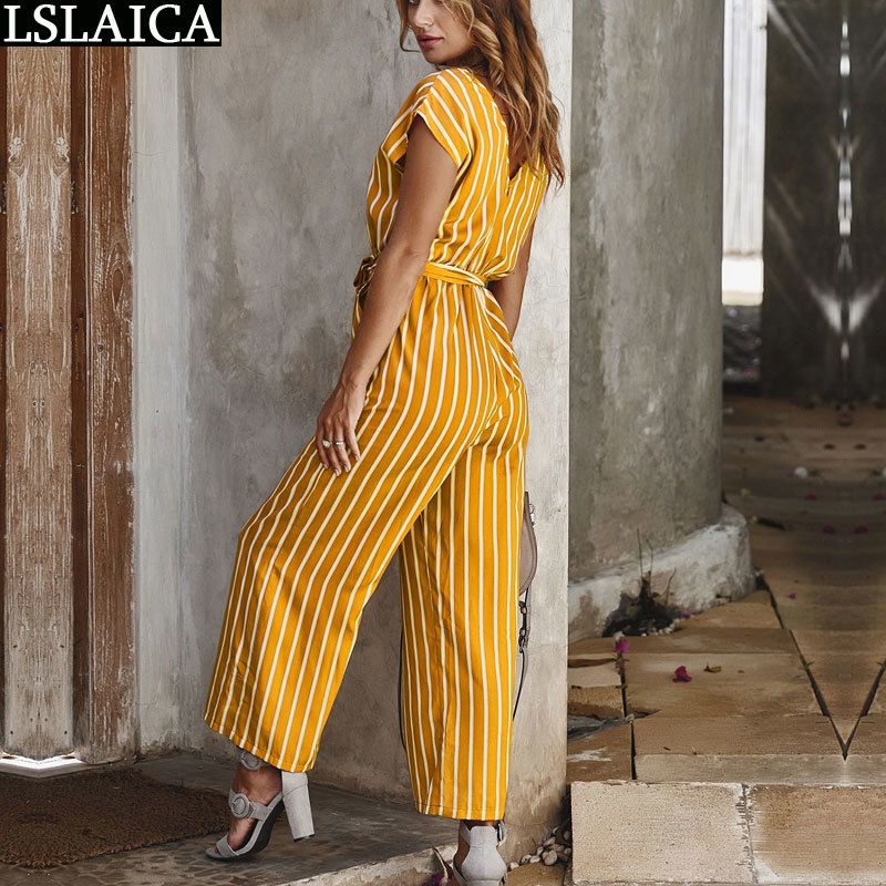Casual women jumpsuit short sleeve V-neck loose fashion sexy bodysuit bandage bow striped print office 210520