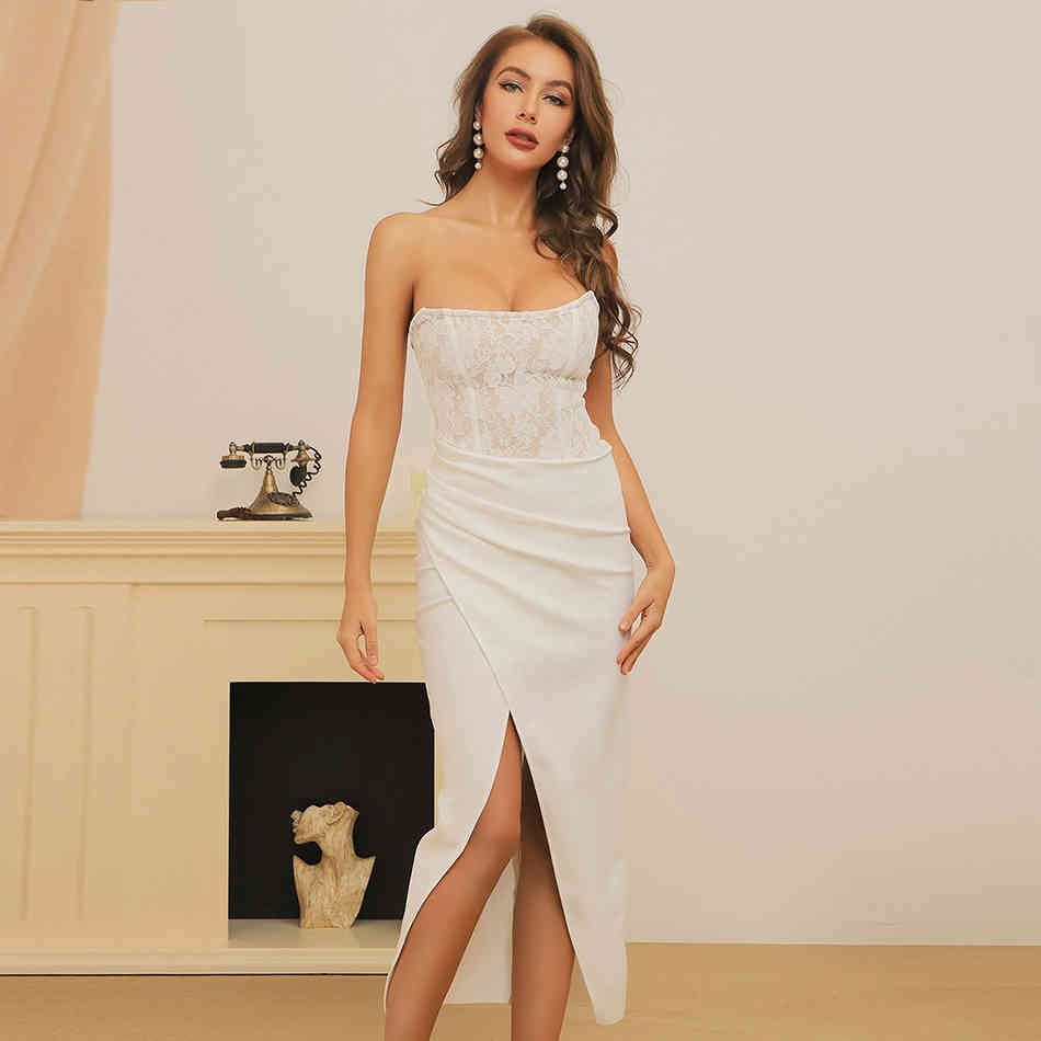 Summer Women Strapless White Lace Bandage Dress Sexy Sleeveless Midi Celebrity Evening Runway Party Bodycon 210423