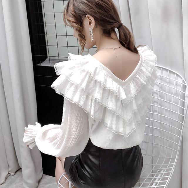 Wonder Spring Fall Korean Style Blouse Sexy Beading Patchwork Lace Ruffles Tops Ropa Mujer Flare Sleeve Shirts 210510