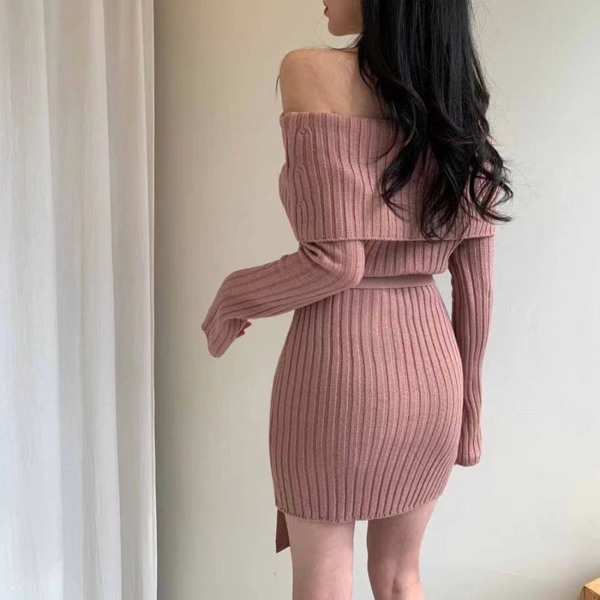 Nomikuma Korea Chic Sexy Fold Slash Neck Sweater Dress Long Sleeve Mini Knitted Dresses Bandage Slim Waist Women Vestidos 6C976 210427