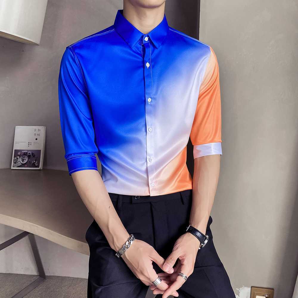Summer Half Sleeve Shirts Men Gradient Printed Slim Fit Casual Shirt Male Business Formal Dress Shirts Social Party Blouse 210527