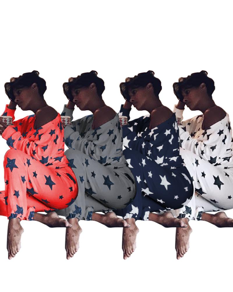 Fashion Women's Pajamas Suit Spring Thin Star Printed Long Sleeve Cute Sleepwear Casual Homewear Female Pyjamas 2-Piece Sets Tracksuits
