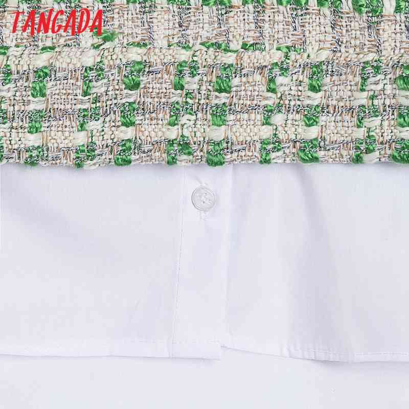 Women Retro Green Plaid Tweed Patchwork Blouse Long Sleeve Chic Female Shirt Tops 6H3 210416
