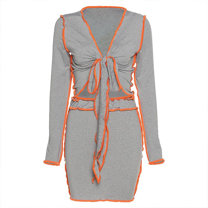 Women Two Piece Color Block Clothes Set Bow Knot Tie Front Long Sleeve Cardigan Shirt Top +Short Mini High Waist Skirt Women's Tracksuits