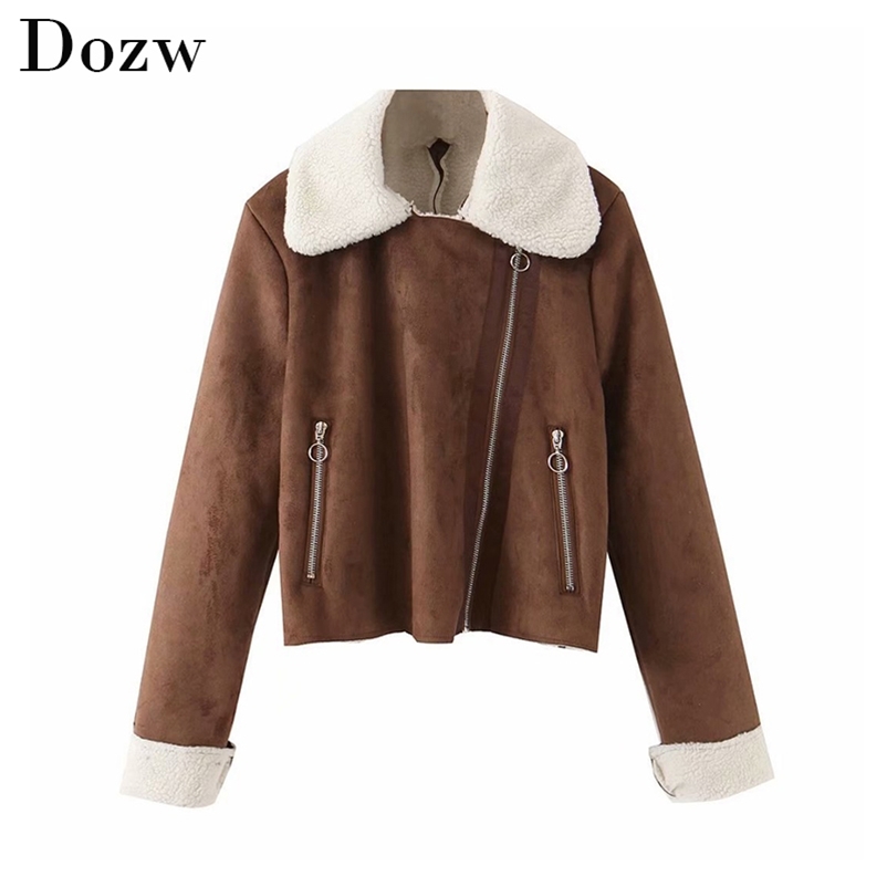 Faux Leather Short Jacket Winter Women Motorcyle Coat Warm Fleece Ladies Outwear Zipper Jackets Turn Down Neck Teddy s 210515