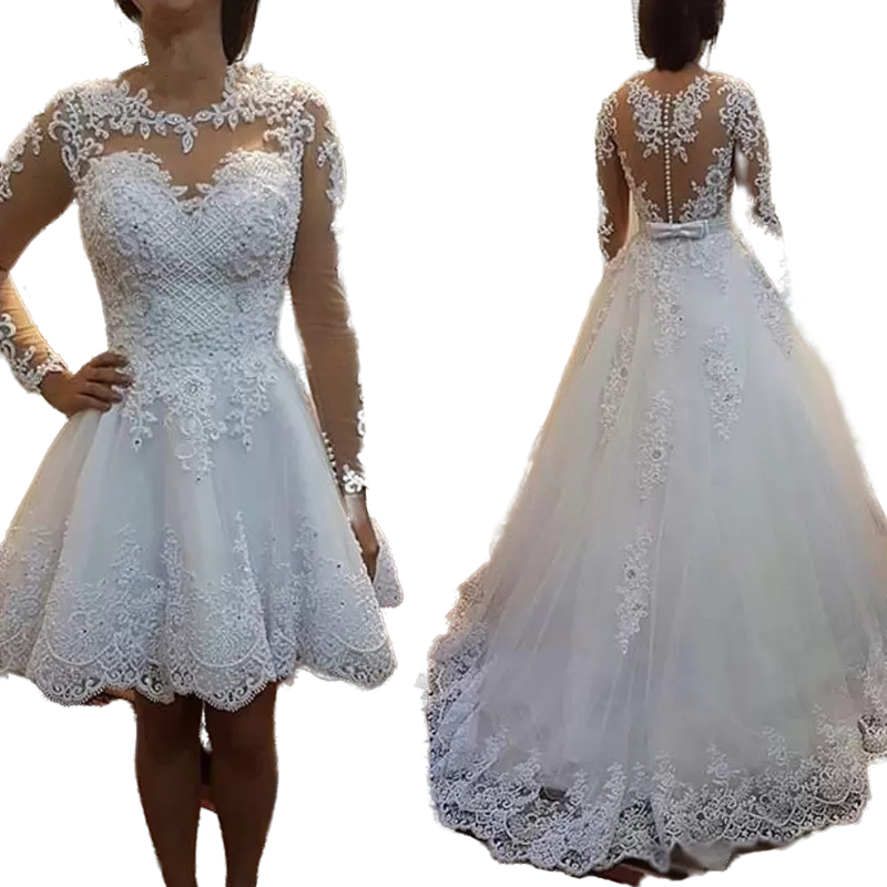 Spring Long Sleeve A Line Wedding Dress 2 In 1 Appliques Lace Pearls Beaded Garden Bridal Dresses Illusion Back See Through Wedding Gowns 2022 Vestido