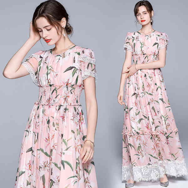 Women Summer Dress Sweet Floral Print Lace Patchwork Chiffon Long Dress Vintage Ladies Elegant High Waist Holiday Maxi Dress 210518