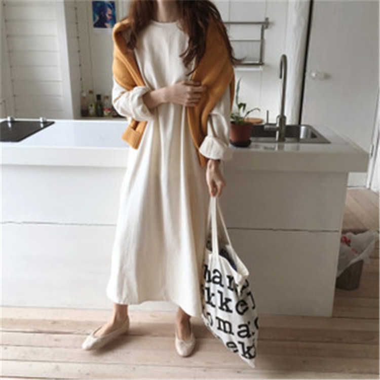 Autumn Pullover Bottoming Solid O Neck Full Casual Lace Up Loose Long Cotton and Linen Dress for Women 210615Z