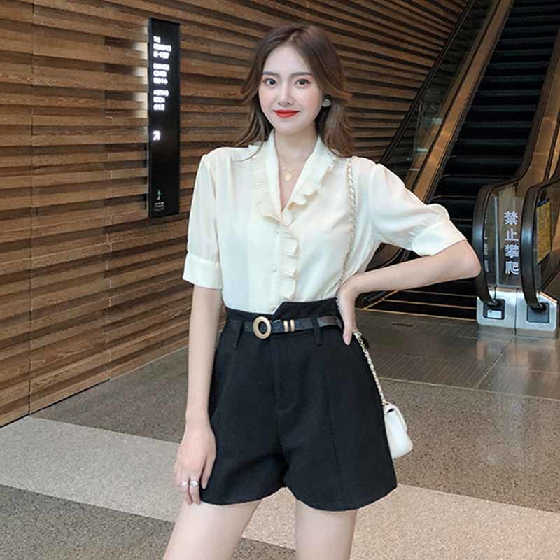 Women Plus Size Short Sleeve Blusas Casual Blouse Chiffon Shirt V-neck French Fashion Ruffle Top Cardigan Clothing 10021 210518