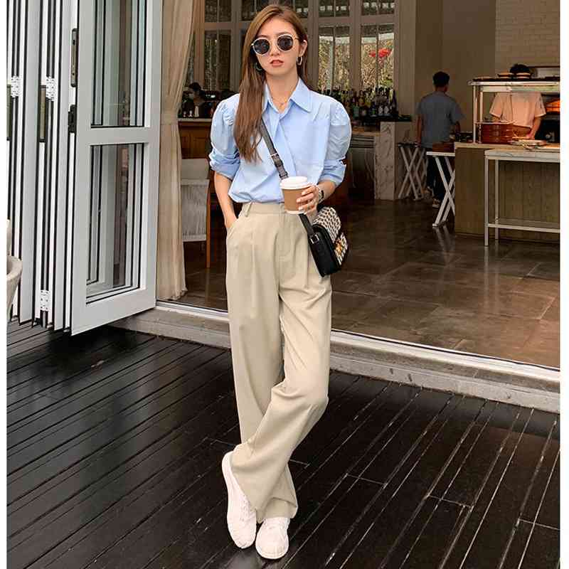 Retro Straight Wide Leg Pant Vintage Female Korean High Waist Casual Long Coffee White Beige Trousers 210510