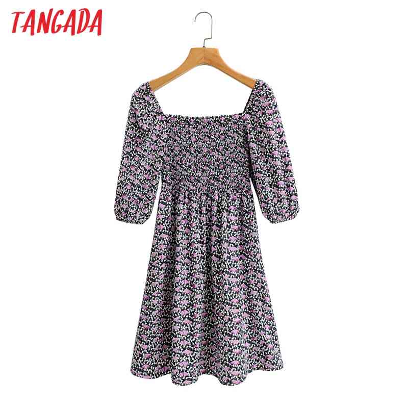 Summer Women Print Strethy Puff Short Sleeve Ladies Mini Dress Vestidos 1F57 210416